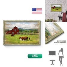 SunFlax Farmhouse Red Barn with Cow Cattle Rustic Wood Wall Art for Living Room picture