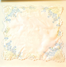 Vintage White Handkerchief Blue Floral Border Bow Print Scalloped Edge picture