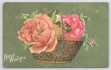 Best Wishes~2 Large Roses Fill Wicker Handle Basket~Green Back~Emboss~Vintage PC picture