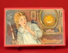 Vintage 1910 RAPHAEL TUCK Halloween Postcard Girl Sees Mirror Pumpkin Series 174 picture