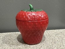 Vtg Hazel Atlas Milk Glass Painted Red Strawberry Jar w/Lid 4” in EUC picture
