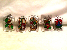 Set 5 vintage 80s CHRISTMAS flat plastic ORNAMENT glitter toy bell bird drum picture