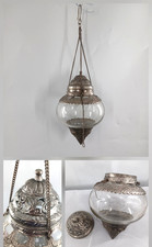 Vintage Moroccan Silver Metal Hanging Lantern with glass 10.5” T Hangs 19” picture