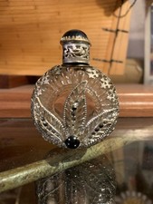 Antique Mini Ormolu Perfume Bottle w/Dauber Czech Silver Filigree & Black Jewel picture