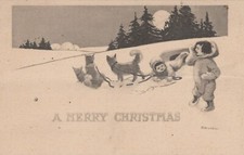 Merry Christmas Sled Dogs Children Full Moon Gibson c1915s postcard H72 picture
