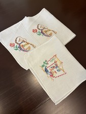 Vtg Hand Embroidered Linen Placemat/ Tea Towel Set of 3 Cross Stitch 10