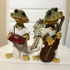 Angel Frog Figurines Set w/ Angel Wings, Drum & Cello, White Outfits, Resin picture