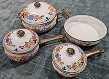 Vintage Newcor Regency 70's Cookware 7 Piece Brass Handle Enamel Pots And Pans picture