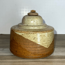 Vintage Mid Century Handthrown Pottery Glazed Ceramic OIL LAMP Brown Tan 5”X5” picture