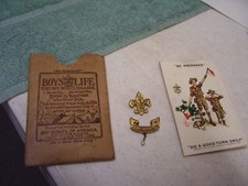 1911 Boy Scout Pins and 1930 Membership Card & Boys Life Sleeve picture