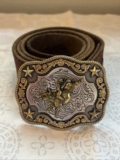Nocona Western Cowboy Floral Leather Belt Longhorn Steer Silver Gold Buckle 32 picture