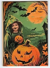 Vintage Halloween Photochrome Postcard Girl with Jack-o'-Lanterns picture