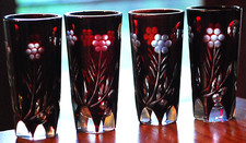 Vtg Set 4 RUBY RED CUT TO CLEAR Tall Shot Glasses FLOWERS & DOTS 2.75