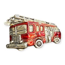 Vintage Silver Tone and Red Enamel Firetruck Pin Brooch Pendant Unsigned 1.5