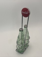 Coca-Cola Salt & Pepper Glass Bottle shaker w/Metal Carrier Caddy w/ Red Logo picture