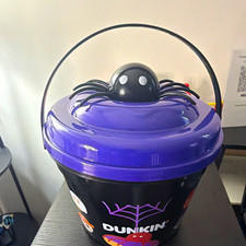 Dunkin' Halloween Bucket/Pail Black & Purple with Lid Handle & Spider Topper picture