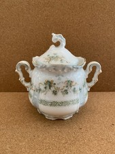 Antique Hermann Ohme Porcelain Sugar Bowl Silesia Green Flowers Tan Ribbon picture