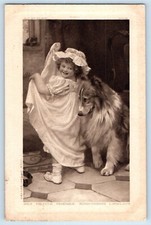 c1910's Little Girl Dressed White Bonnet With Dog Posted Antique Postcard picture