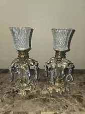 VTG 1973 L&L WMC Brass Crystal Candle Stick Holders Set of 2 picture