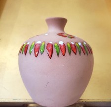 Vtg Hand Painted Terracotta Jar Enamel Floral Red Green Jalapeno Folk Art Pot picture