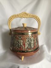 VINTAGE ORNATE EMBOSSED TIN BOX CELLULOID HANDLE FOOTED ROMAN THEME LID PINK picture