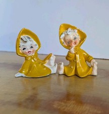 Vintage Enesco Yellow Raincoat Kids Figurines Mid Century Kitsch picture
