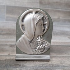 VTG Metal Virgin Mary Plaque Christian Free Standing Shelf Desk Deco Silver Tone picture