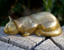 VINTAGE Brass Crouching Cat Large Paperweight Made in Rep. of Korea 1950's picture