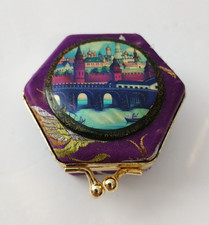 Vintage Russian Silk Gold Tone Kiss Lock Hexagonal Ring Jewelry Box Moscow Art picture