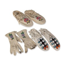 Trio of Indigenous Beaded Native American Beaded Hide Moccasins and Gloves picture