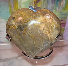 Polished Heart-Shaped Stone/Mineral Crystal Decor on Metal Stand, Approx 3