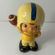 Vintage UCGC Ceramic Football Player Coin Bank Japan 1970s Wire Mask Yellow Blue picture