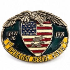 Vintage 1991 Operation Desert Storm Belt Buckle Eagle US Flag Military USA 3
