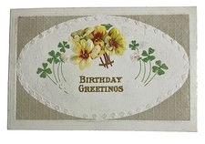 Happy Birthday Greetings Flowers Shamrocks Embossed ~ Antique 1910s Postcard picture