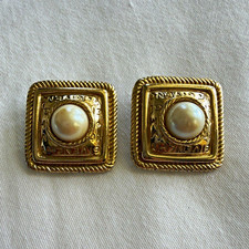 Vintage Givenchy Signed Clip-On Square Stud Earrings Gold Tone Round Faux Pearl picture