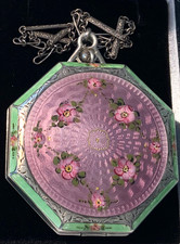 RARE BEYOND GORGEOUS Antique HP **STERLING ENAMEL GUILLOCHE** COMPACT  MINT picture