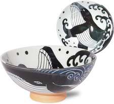 Japanese Mino Ware Rice Bowl XL Blue Whale Wave Porcelain 5.8 Inch 7.76 Oz picture
