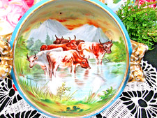 Antique Victoria Carlsbad Austria handled bowl with moutains and cows livestock picture