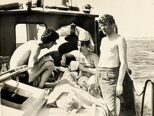 1970s Soviet Shirtless Men Bikini Woman Yacht Deck Gay Interest Vtg Photo B&W picture