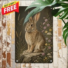 Charming Bunny Metal Wall Sign Rustic Rabbit Tin Art Plaque 8x12 In picture