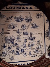 Vintage 1940s Tablecloth Pictoria Map Louisiana Blue Catus cloth 53X50 Near Mint picture