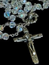Vintage Catholic Rosary STERLING Silver Aurora Borealis Cut Crystals Rome, Italy picture