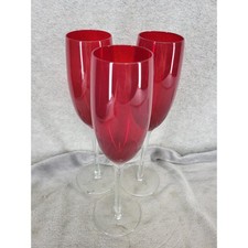 Vintage Set of 3 Red Champagne Flutes Ruby Glass Clear Stem 10