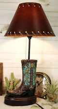 Western Tooled Turquoise Cowboy Boot Hand Painted Desktop Table Lamp With Shade picture
