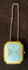 Antique Guilloche Enamel Floral Art Compact Wristlet/Dance Purse, EUC picture