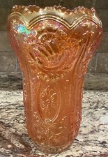 CARNIVAL MARIGOLD IMPERIAL GLASS DAISY ROSE VASE SAW TOOTH RIM LOOKS UNUSED 10”T picture