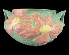 Vintage Roseville Clematis American Art Pottery Handled Console Bowl Green Pink picture