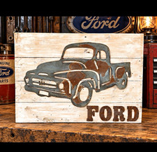 Ford Truck Rustic Wood Wall Sign Plaque, White/Gray/Brown Automobiles Theme picture