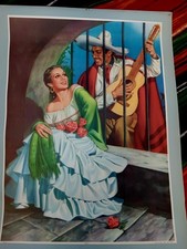 Rare Vintage Mexican calendar art Serenada, lovers guitar serenade 1940 picture