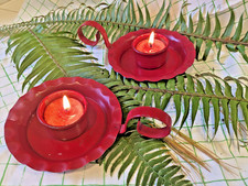 2 VTG Red Metal Chamber Candle Holders .Rustic Cabin Shabby Christmas Past. picture